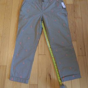 new  Old Navy khaki Grayish pants with  pink lobsters embroidered size 10 tall